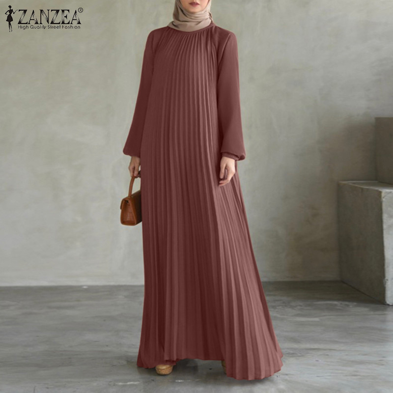 ZANZEA ซานเซีย ผู้หญิงมุสลิมแฟชั่นแขนยาวจีบรอบคอชุดสีธรรมดา