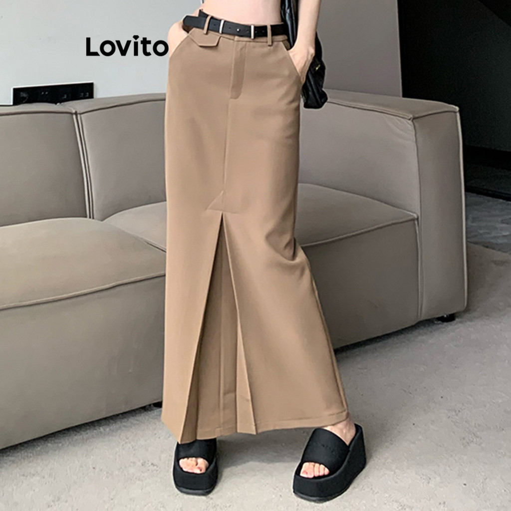 Lovito กระโปรงผู้หญิง เบสิก สีพื้น สไตล์ลำลอง LNE41167