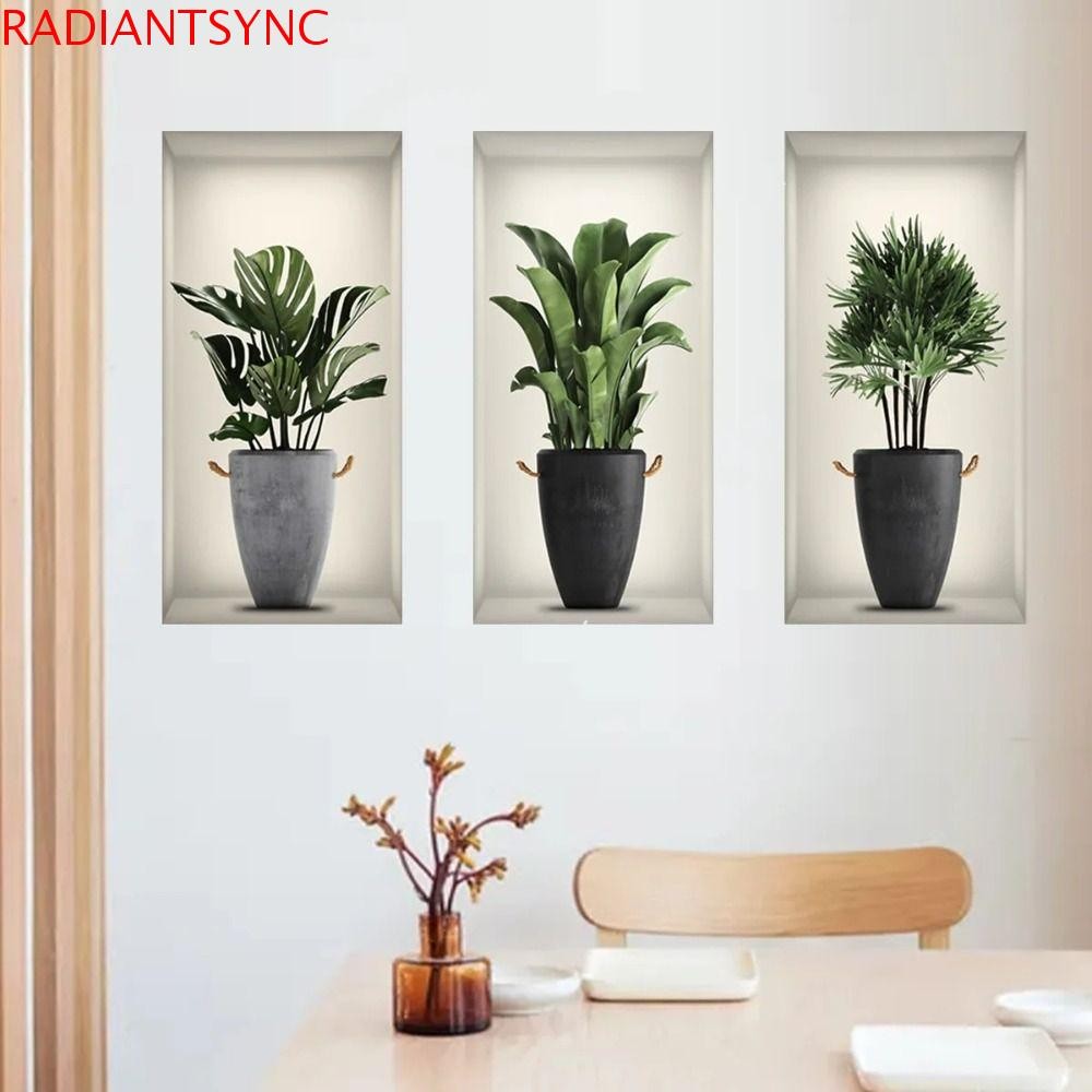 Radiantsync รูปแบบพืชสติ๊กเกอร์ติดผนัง, จําลอง 3D พืชสีเขียวดอกไม้รูปแบบสามมิติสติกเกอร์กระถาง, PVC Self กาวกันน้ําพืชดอกไม้ Decals สําหรับ 3 ชิ้น/เซ็ต