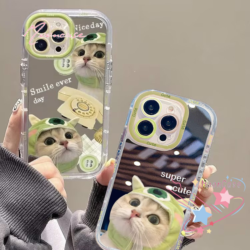 เคสไอโฟน11 สีเขียว แมว สำหรับ IPhone 16 13 11 12 14 15 Pro Max X XS XR 8Plus 7Plus Max 15 7 8 Plus SE พื้นผิวกระจก เคส