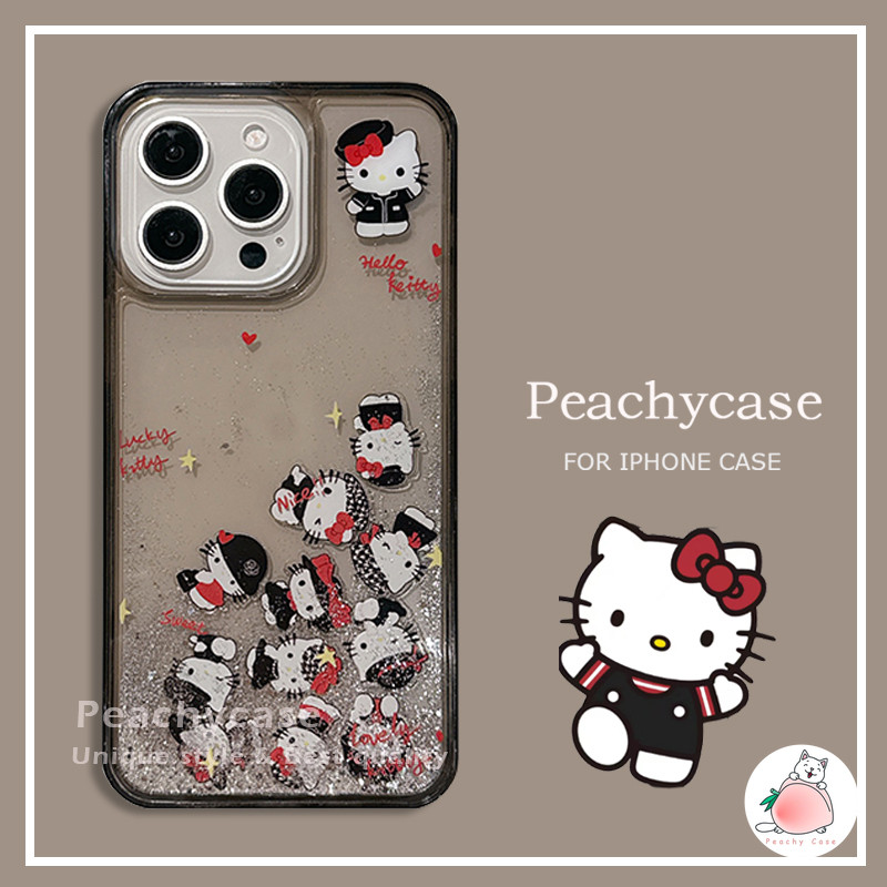 Glitter Kawaii Hello Kitty Slider Quicksandเคสโทรศัพท์สําหรับiPhone 16 15 14 13 12 11 Pro Max 16Plusอะคริลิคโปร่งใสปกหลังสกปรกทนปลอก
