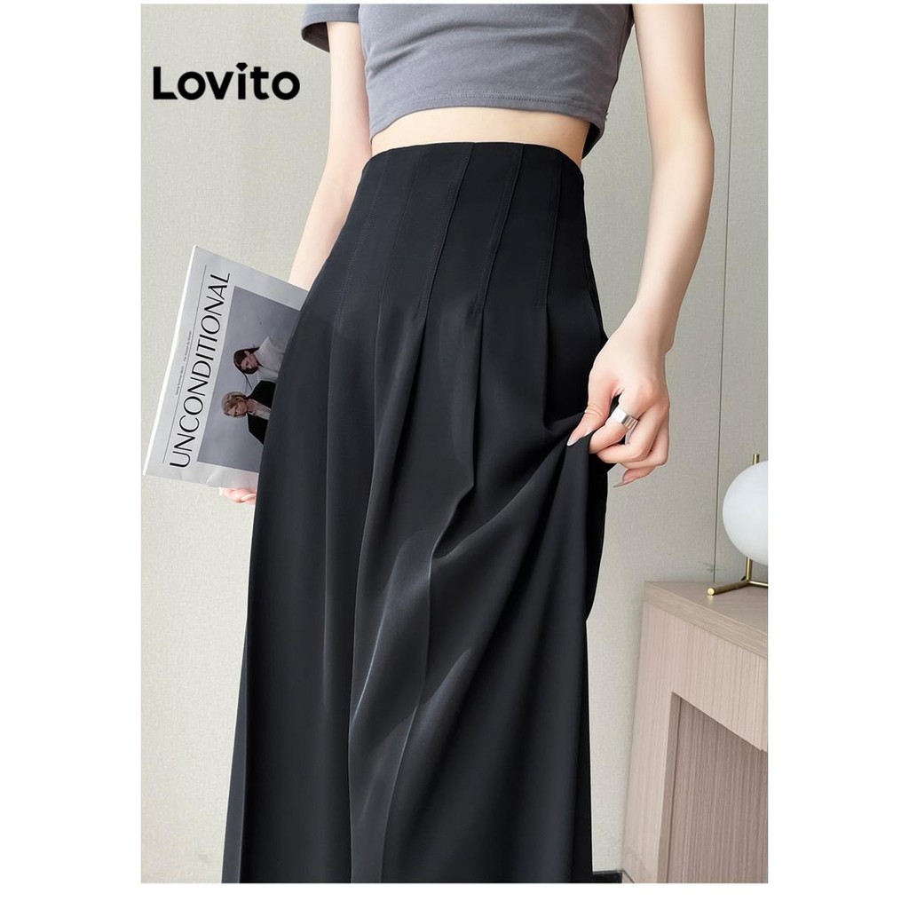 Lovito กางเกงผู้หญิง แต่งจีบ สีพื้น สไตล์หรูหรา LNE68239