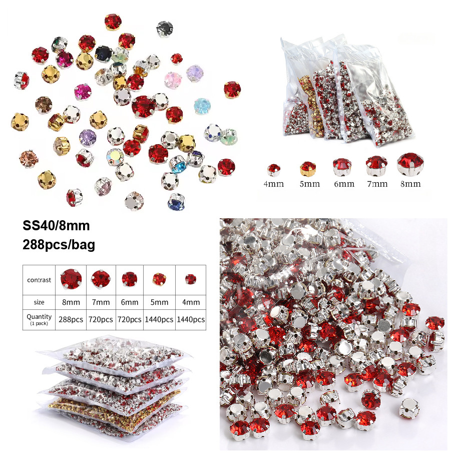 SS40 คริสตัลแก้วทรงกลม 8 มม. 288 ชิ้น/ถุง แบบกรงเล็บฐานสีเงิน สำหรับงาน DIY ตกแต่งเสื้อผ้า