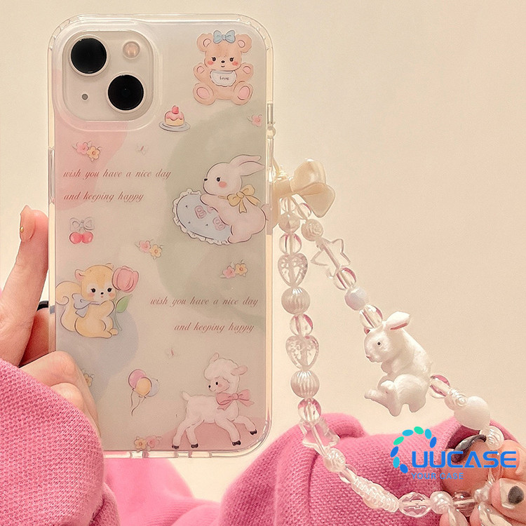 กระต่ายแมวเคสโทรศัพท์สําหรับ IPhone 14Pro Max เคสโทรศัพท์ 11 12 13Mini 13Pro Max 15Plus XR XS Max 6 7 8 Plus SE2020 หมี IPhone 15ProMax ฝาครอบโทรศัพท์พร้อมสร้อยข้อมือ ZBD