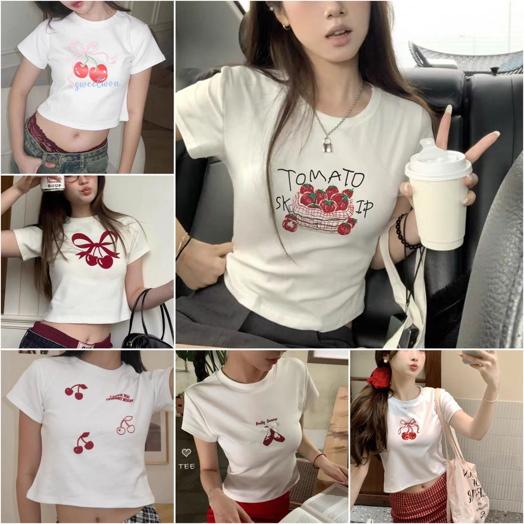 COD✅ (กรุงเทพจัดส่งสินค้า) เสื้อครอป แขนสั้น baby tee เค้ก พิมพ์ลายตัวอักษร สําหรับผู้หญิง