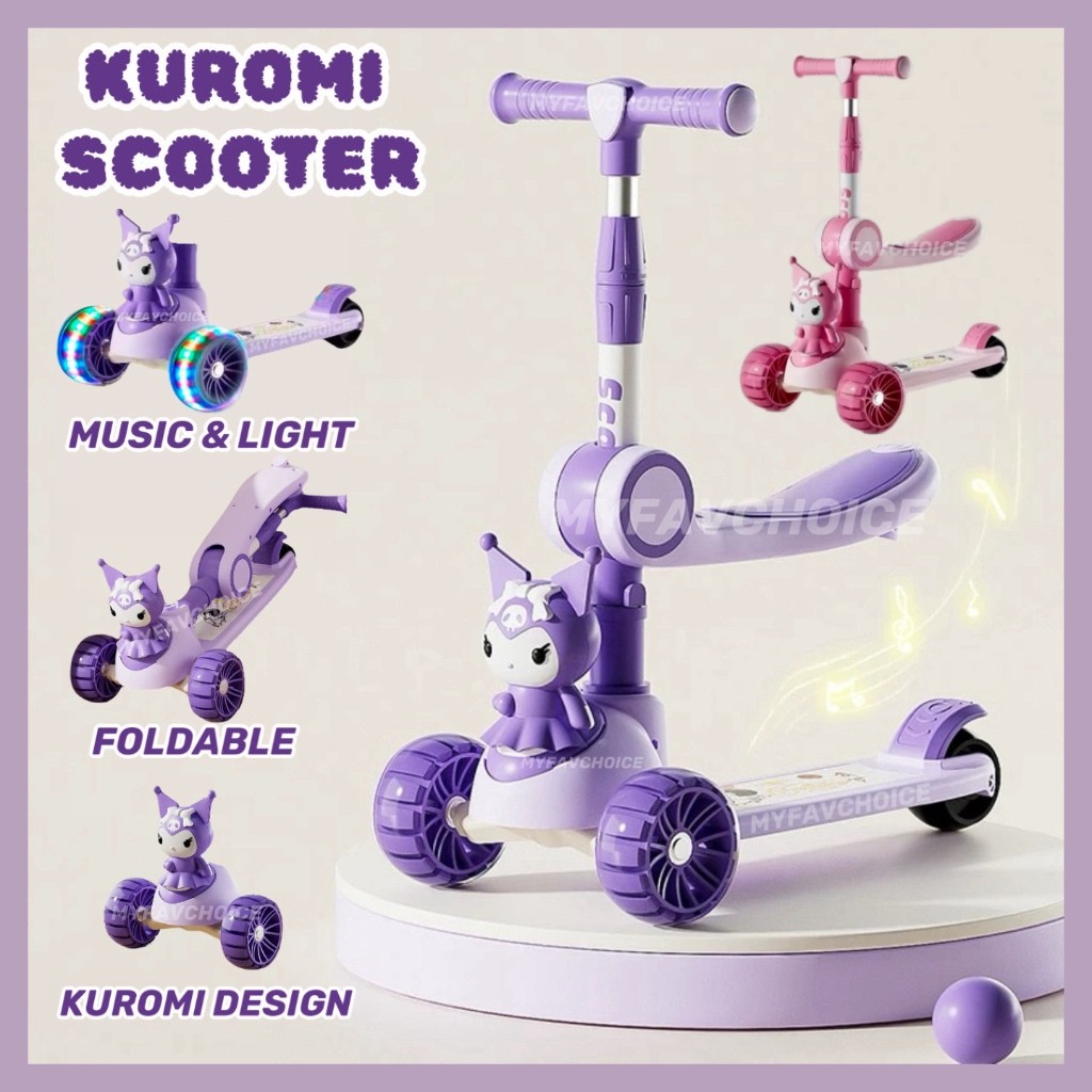 Kids Kuromi Scooter Skuter Budak พับได้ปรับความสูงได้พร้อมล้อไฟ LED และเพลง