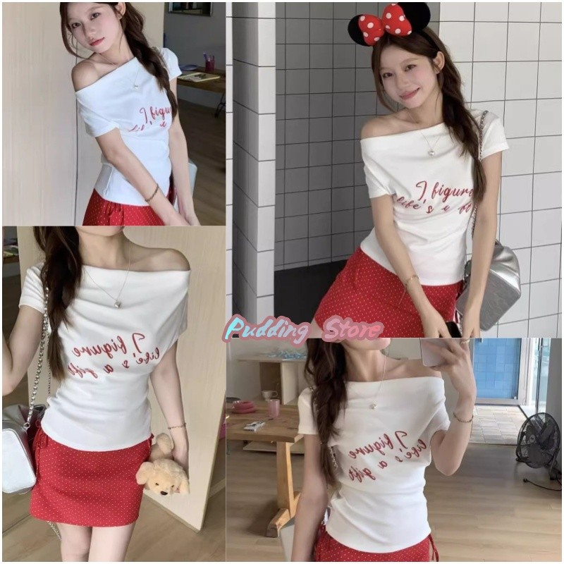 Pudding Store~พร้อมส่ง'  เสื้อเชิ้ตแขนสั้นพิมพ์ลายปิดไหล่ เสื้อยืดคอตตอน-FYB15