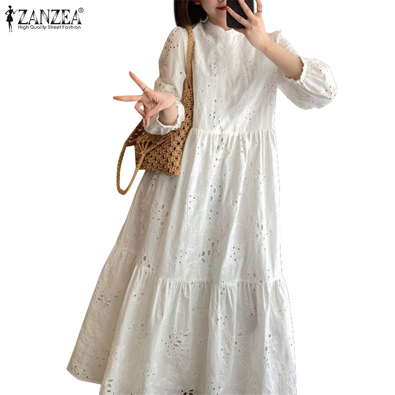 ZANZEA ผู้หญิงเกาหลีวันหยุดลําลองลูกเรือคอด้านหน้าลูกไม้กลวงกลับธรรมดาหลวม A-Line ชุดเดรสแขนยาว