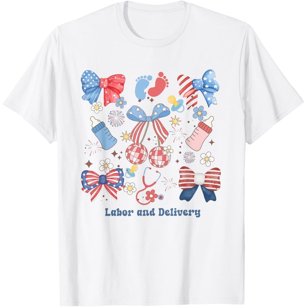 แรงงานและจัดส่งพยาบาล 4Th Of July Coquette Bow Midwife เสื้อยืด