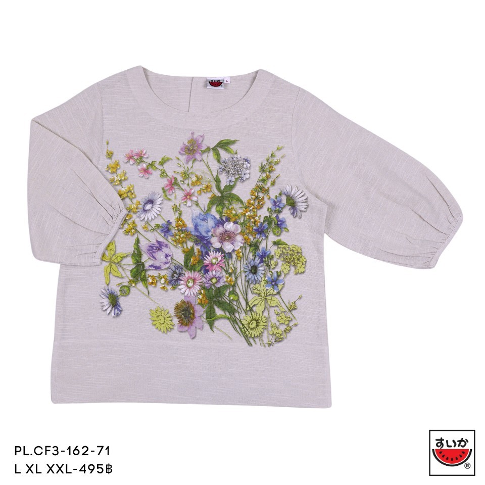 เสื้อแตงโม (SUIKA) - เสื้อแตงโม คอปาดแขนสามส่วนจั๊มปลายแขนผ้าสลาฟ พิมพ์ลายดอกไม้ ( PL.CF3-161 162 162 160 174 170 ) — صورة 7