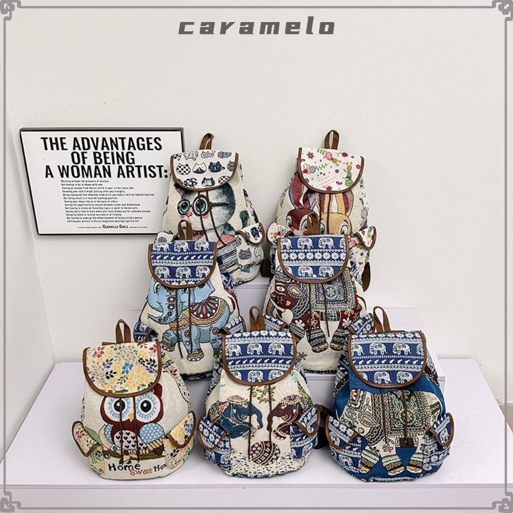 Caramelo เย็บปักถักร้อย Knapsack, Jacquard Elephant Owl Casual Animal Drawstring Backbag, แฟชั่นผ้าใบสไตล์ชาติพันธุ์ถังกลับกระเป๋าชายหาด