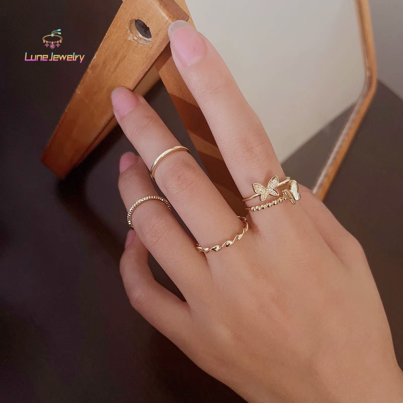 COD แหวน ผีเสื้อ เซต 4 ชิ้น เกาหลี ระดับไฮเอนด์ หวาน สำหรับผู้หญิง เปิด แฟชั่น เครื่องประดับ ของขวัญวันเกิด-Lune