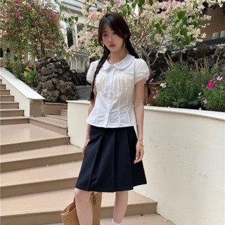 LINNA~สีทึบ ลูกไม้ แขนสั้น เสื้อเชิ้ต เวอร์ชั่นเกาหลี สไตล์ใ…