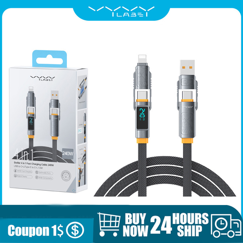 Vyvylabs ใหม่ 240W สายชาร์จเร็ว 4-in1 สายชาร์จแม่เหล็ก 1.5 ม. Fast PD QC 3.0 จอแสดงผลดิจิตอลสําหรับแล็ปท็อป i-phone Samsung ฯลฯแม่เหล็กจัดระเบียบ