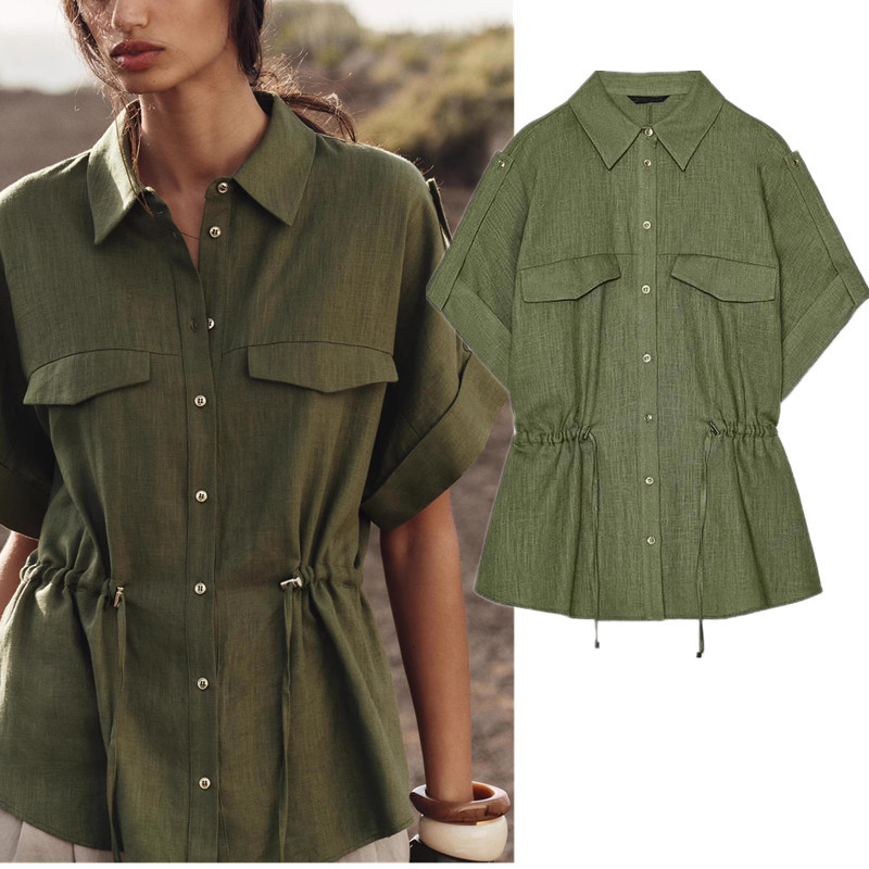 ZARA เสื้อเชิ้ตผ้าลินินแขนสั้นทรงหลวมปก 2773734