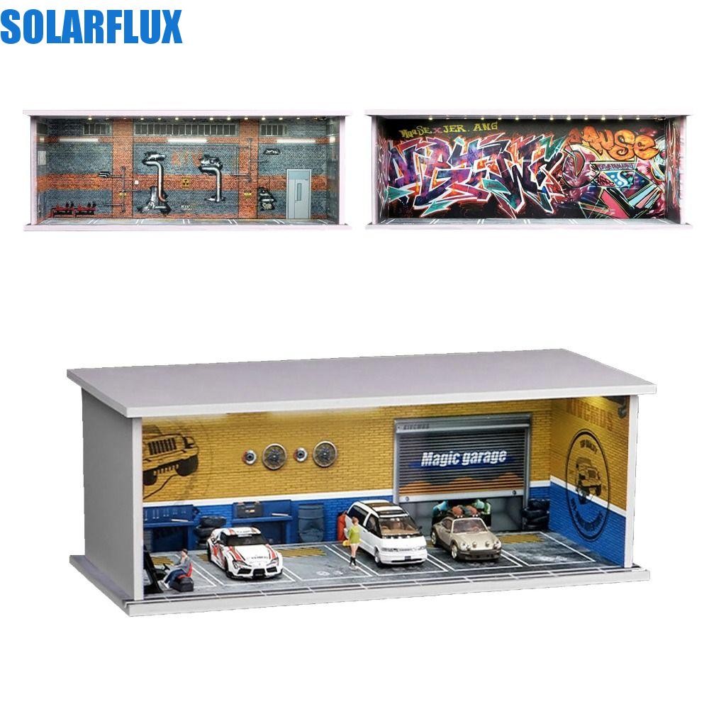 SOLARFLUX โมเดลฉากโรงรถ, 1/64 Scale พร้อมไฟที่จอดรถ, เด็กห้องโถงนิทรรศการ Showroom รถจําลองกล่องแสดงรถโลหะผสม