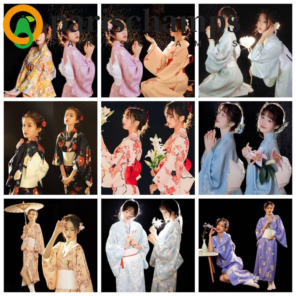 PARISCHAMPS ชุดกิโมโนญี่ปุ่นแบบดั้งเดิม, พิมพ์ดอกไม้ Elegance Sakura สาวชุดกิโมโน, ชุดยูกาตะหญิง Dres สไตล์ญี่ปุ่นใหม่เอเชียสไตล์ญี่ปุ่นยูกาตะเสื้อคลุมอาบน้ํา Geisha