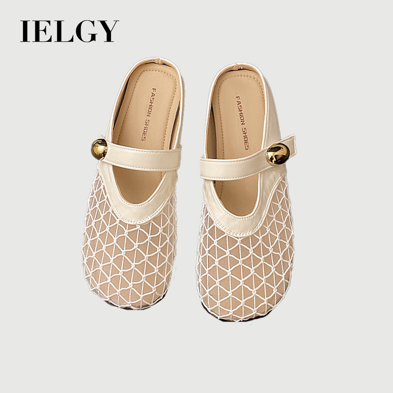 IELGY 2025 รองเท้าแตะครึ่งหัวกระเป๋าฝรั่งเศสก้นแบนของผู้หญิงฤดูร้อนใหม่ตาข่ายระบายอากาศด้านล่างนุ่มสบาย