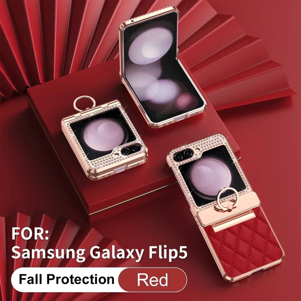 Glitter Bling แหวนเพชรบานพับพลาสติกสําหรับ Samsung Galaxy Z Flip 6 5 4 3 5G พร้อมหนัง Pu ชุบเคสโทรศั
