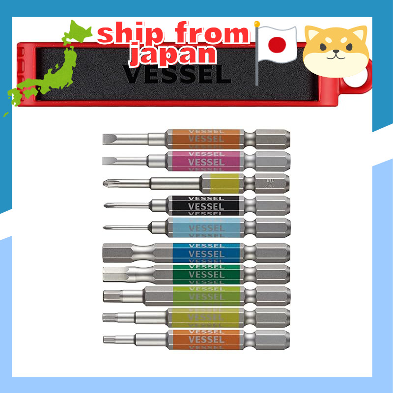 VESSEL Bit Holder for 10 Bits Red BH-10R & 40V Compatible Tough Color Bits 5-Piece Set Flat Head +00
