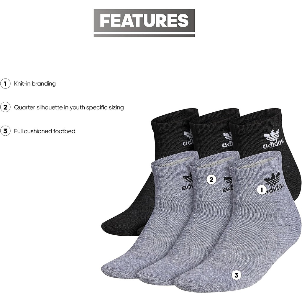 ถุงเท้า Adidas Originals สำหรับเด็ก แบบมีการรองรับและลวดลาย Trefoil จำนวน 6 คู่