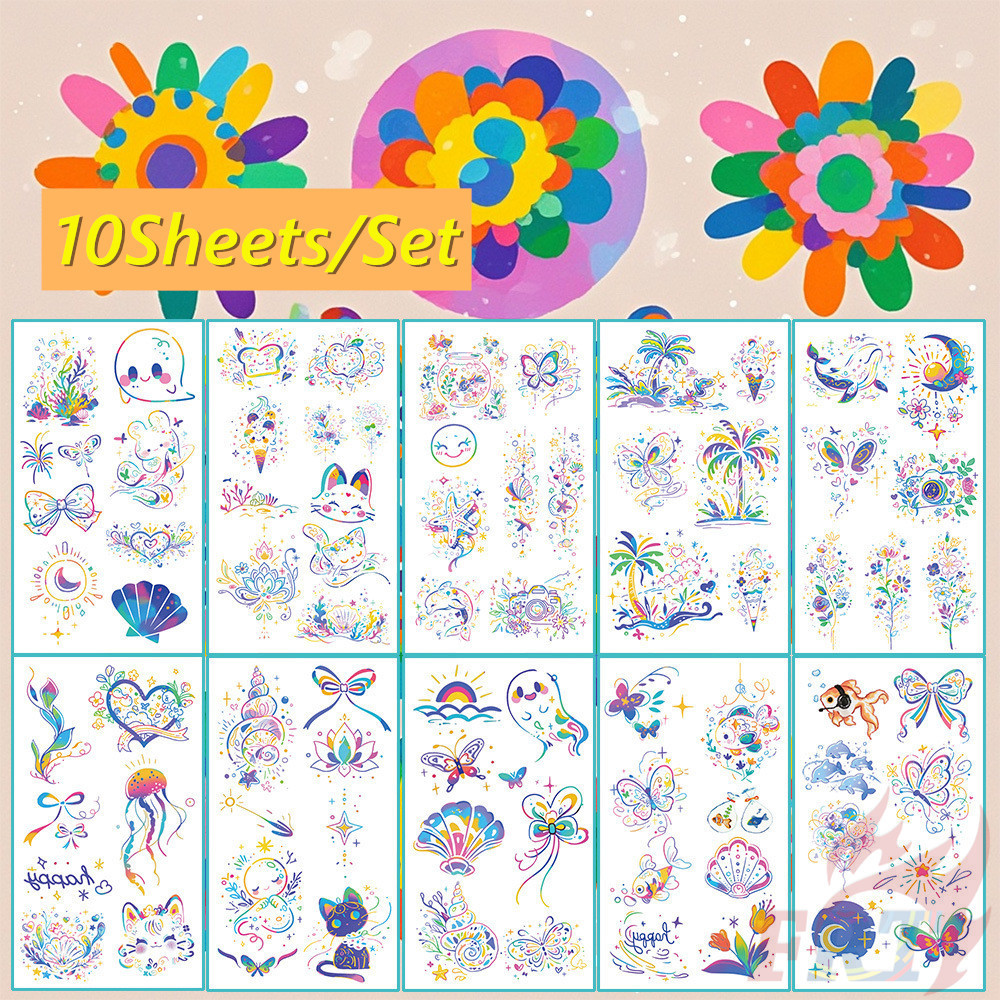 10แผ่น/ชุด สติ๊กเกอร์รอยสักชั่วคราวการ์ตูนสี อิน รอยสักกันน้ําสําหรับแขนเซ็กซี่กระดูกไหปลาร้าร่างกายศิลปะมือเท้า