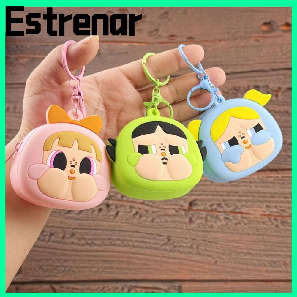 กระเป๋าซิลิโคน ESTRENAR, กระเป๋าสตางค์พวงกุญแจการ์ตูน POP MART, Cute Creative The Powerpuff Girls Key Ring Bag