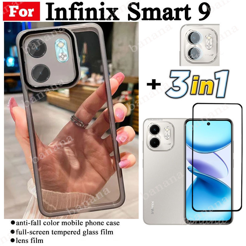 3 IN 1 Infinix Smart 9 โปร่งใสกันกระแทกเคสโทรศัพท์สําหรับ Infinix X6531 Samrt9 Samrt 8 Samrt 8 Plus ฟิล์มกระจกนิรภัย + ฟิล์มเลนส์