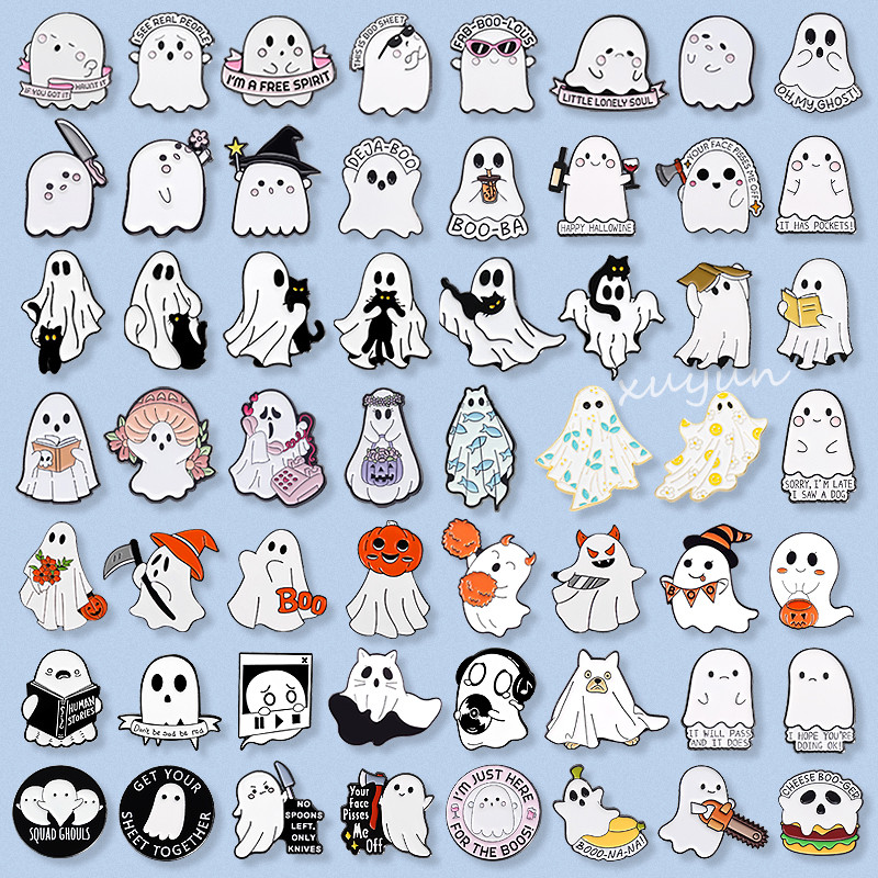 100 รูปแบบฮาโลวีนน่ารัก Ghost Lapel Pins สยองขวัญ Night Spooky ฟักทองเข็มกลัดโลหะสยองขวัญ Skull Badges อุปกรณ์เสริม
