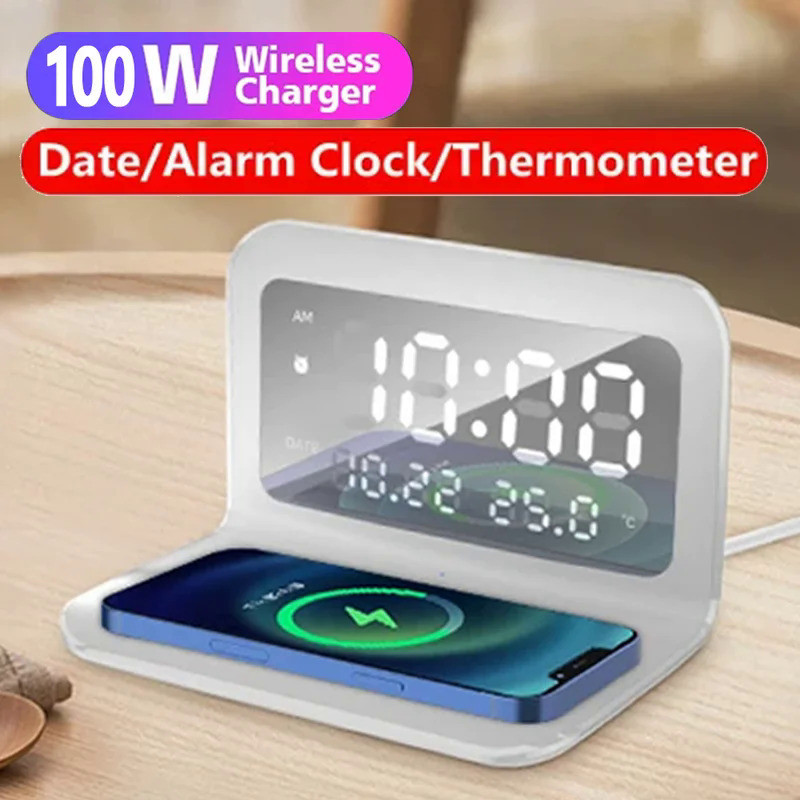 100W Wireless Charger Pad Stand with Alarm Clock Thermometer for iPhone 14 13 12 15 X Xiaomi Samsung