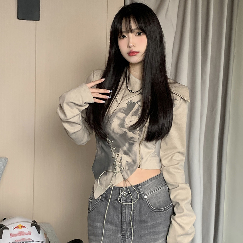 ฤดูใบไม้ร่วงใหม่สไตล์อเมริกัน Retro ไม่สม่ําเสมอผ้าฝ้ายแท้แขนยาวเสื้อยืดผู้หญิง Simple All-Match สั้น Slim-Fit Slimmer ดู Pure Des