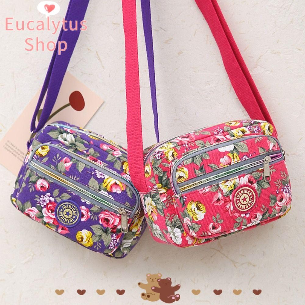 Eucalytus1 กระเป๋าสะพาย, ไนลอนคลาสสิกกระเป๋าสะพายข้าง, Casual Vintage Multi Layered ดอกไม้พิมพ์กระเป๋าถือนักเรียน