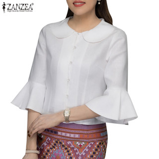 Zanzea Womens Collar Lapel 3/4 Sleeve Buttons Splicing Ruffl…
