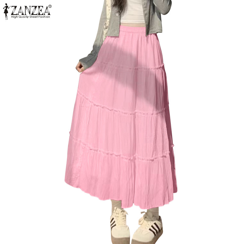 Zanzea ผู้หญิงเกาหลีลําลองสีทึบเอวกลางหลวม A-Line Oversirt