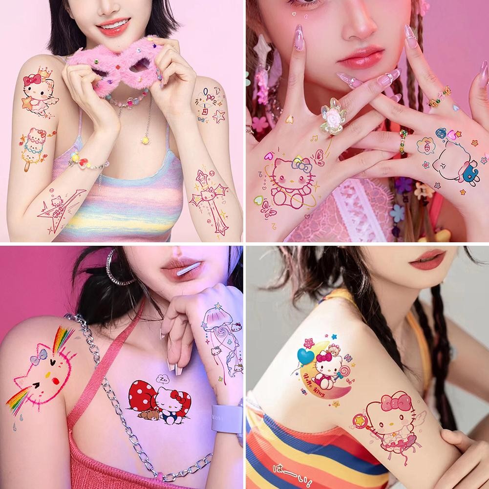 เคที แมวดอกไม้แขนสักสติกเกอร์การ์ตูนแมวสักสติกเกอร์กันน้ําและทนทานสาวน่ารักสาวสติ๊กเกอร์