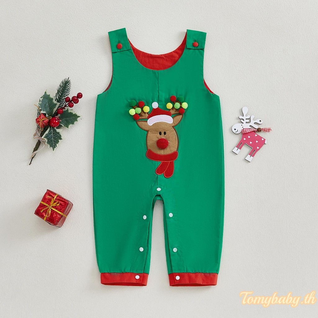 Tomybaby-ชุดเอี๊ยมเด็กลายคริสต์มาส แขนยาว ลายกวางเรนเดียร์ ปักลายลูกบอล 3 มิติ สีตัดกัน