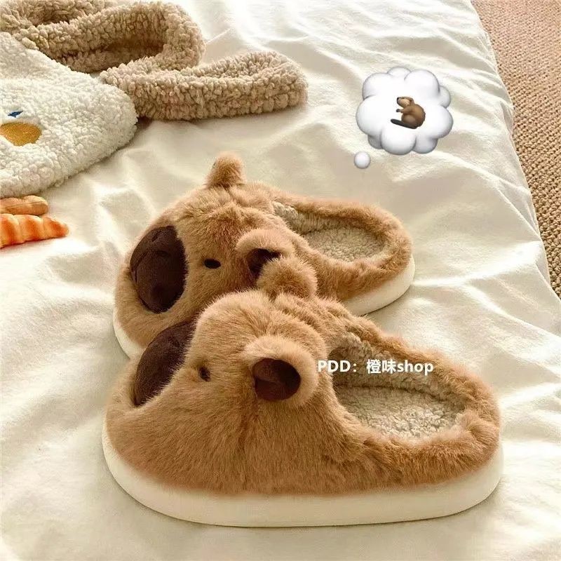 Lazy Little Capybara Kapibara Furry Warm Baotou รองเท้าแตะผ้าฝ้ายผู้หญิง Furry รองเท้าแตะอินเทรนด์