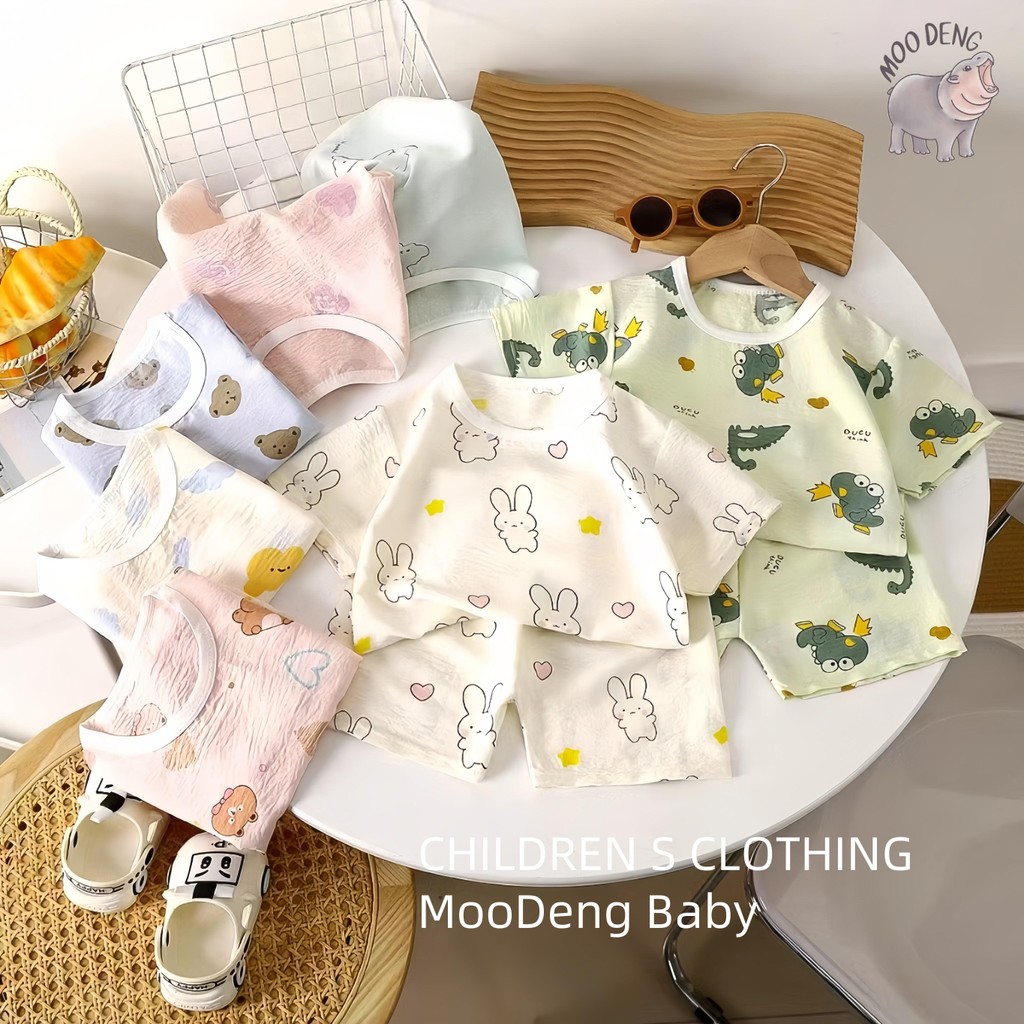MooDeng Baby ชุดนอนแขนสั้น ขาสั้น ชุดนอนเด็ก เซท 2 ชิ้น ผ้าบางๆใส่สบาย Size 73-120 cm เด็กหญิง เด็กผู้ชาย