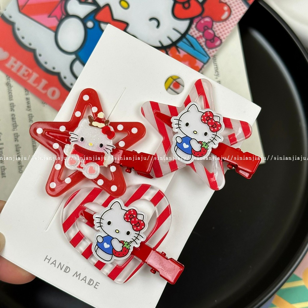 กิ๊บติดผมลายจุดรักแมว KT สีแดงหวานกิ๊บติดผมสาวคริสต์มาสและปีใหม่กิ๊บหน้าม้ากิ๊บหนีบผมด้านข้างเครื่องประดับผม