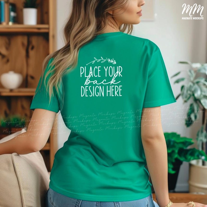 Kelly Green Bella Canvas 3001 back of shirt mockup female kelly 3001 mockups women's t-shirt behind 