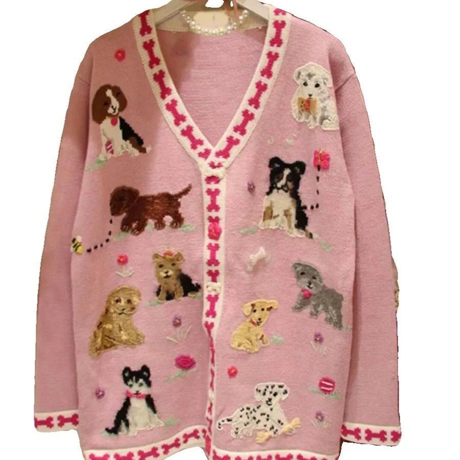 Buyer Shop สีชมพูสุนัขพิมพ์เสื้อกันหนาวผู้หญิง 2024 ต้นฤดูใบไม้ผลิสไตล์ใหม่หลวมแฟชั่นลดอายุด้านบน pd