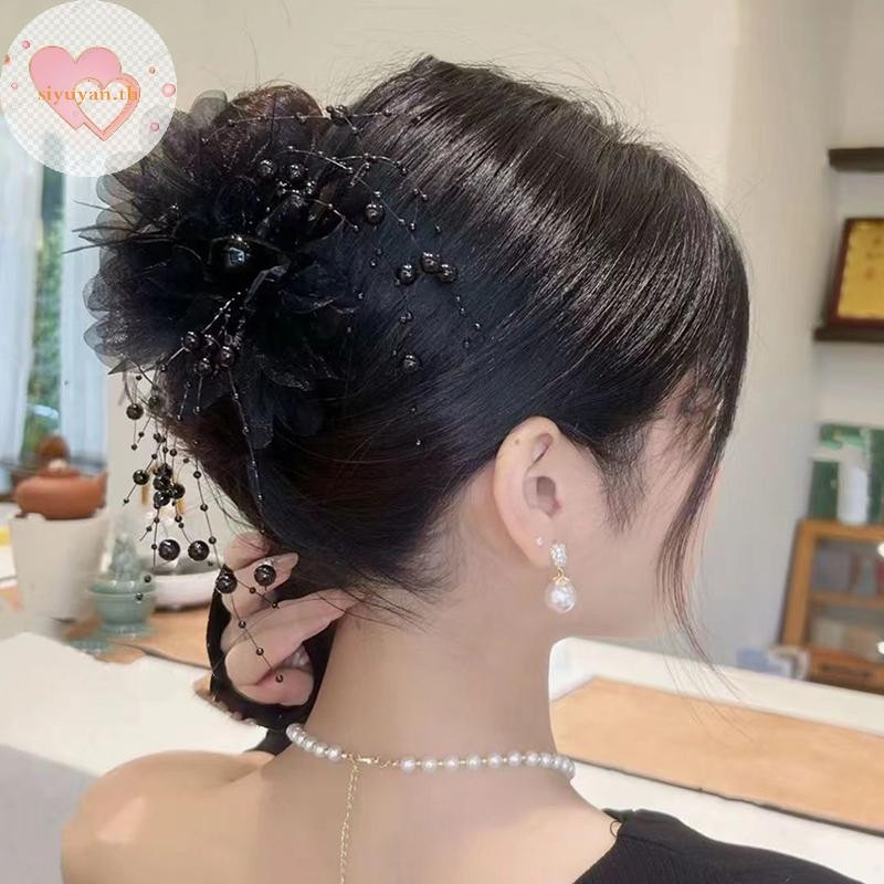 Siyuyan แฟชั่นตาข่ายดอกไม้ผม Claw ผู้หญิง Shark หางม้าคลิป Headdress อารมณ์ Pearl sels Headwear TH