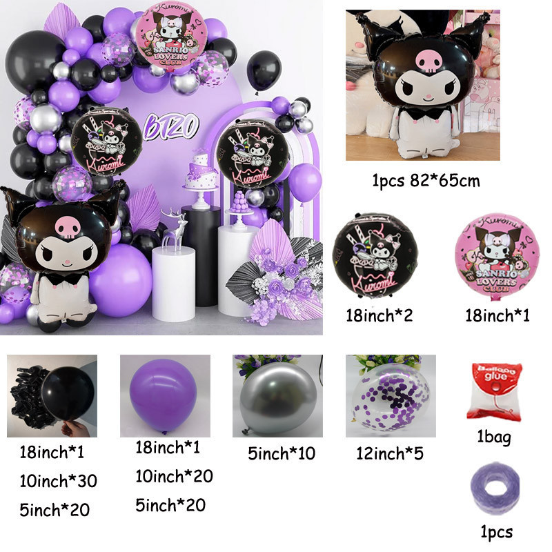 113pcs Sanrio Kuromi ธีมบอลลูนชุดตกแต่งปาร์ตี้การ์ตูนอลูมิเนียมฟอยล์บอลลูนเด็กอุปกรณ์งานเลี้ยงวันเกิด