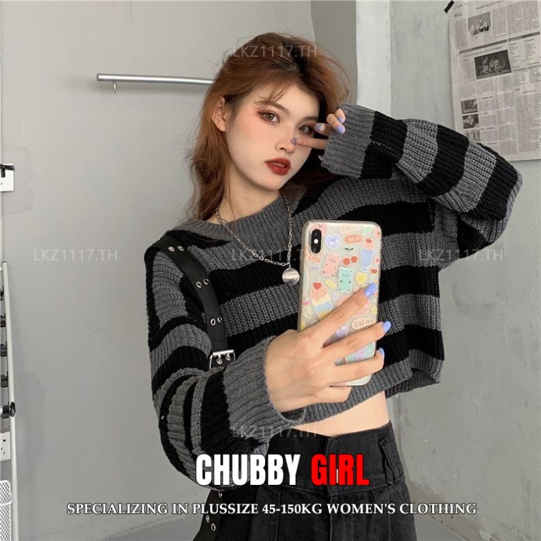 Chubby GirL เสื้อไหมพรมสาวอวบไซส์ใหญ่ผู้หญิงเสื้อถักแขนยาวลายทางคอกลมฤดูใบไม้ร่วงและฤดูหนาวแฟชั่นสไตล์เกาหลี