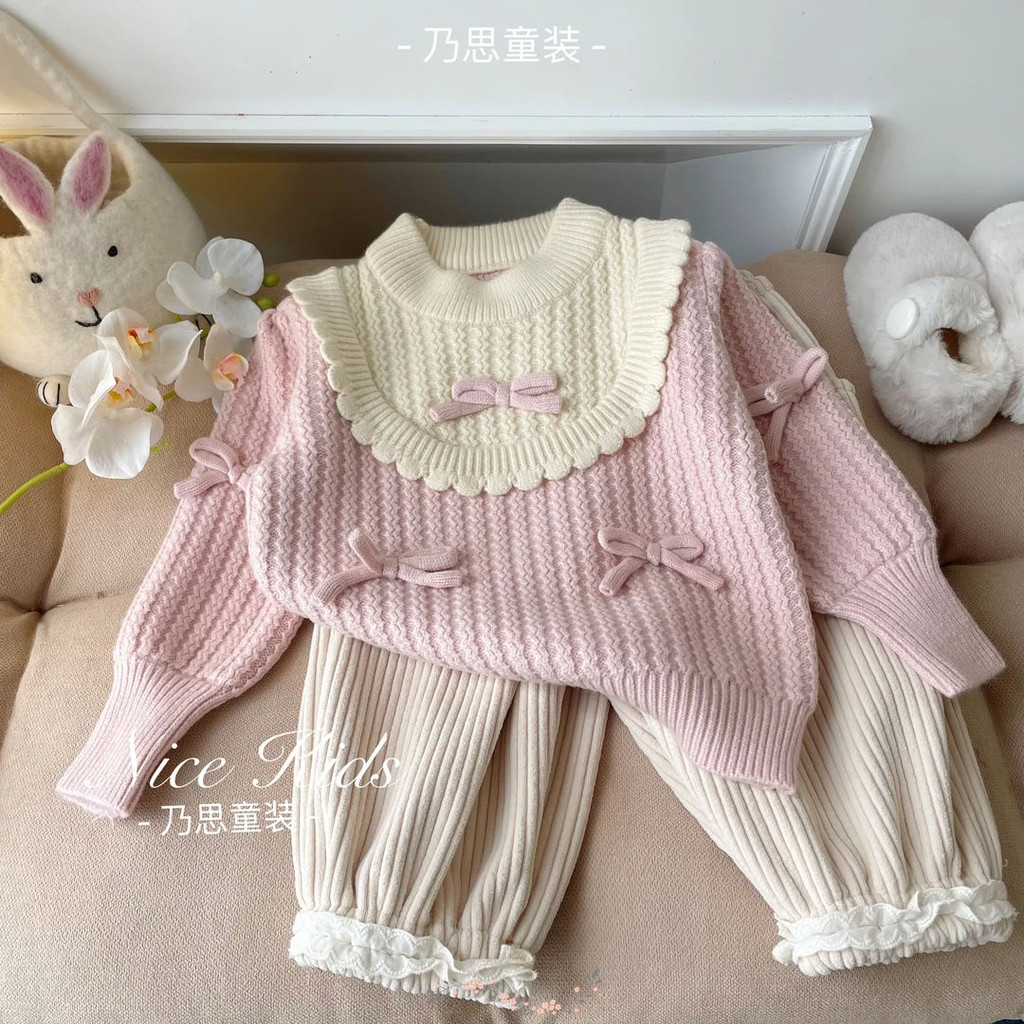 สาวโบว์หนาถักเสื้อกันหนาวชุดฤดูใบไม้ร่วงฤดูหนาวสไตล์ตะวันตกขนแกะซับกางเกงลูกไม้ชุดสองชิ้น