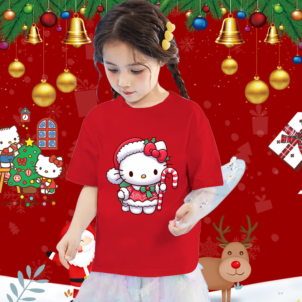 เด็ก Hello Kitty&Christmas 2024 เสื้อยืดเด็กคริสต์มาสใหม่ boy Unisex 100-150cm