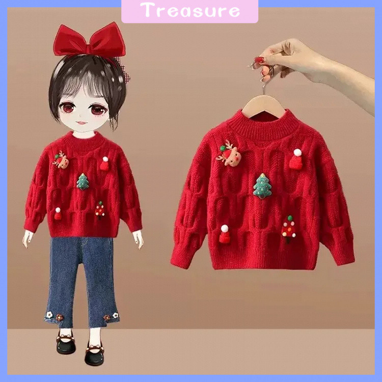 Treasure เสื้อสเวตเตอร์เด็กผู้หญิงสไตล์เกาหลีฤดูใบไม้ร่วงและฤดูหนาว2024ใหม่เสื้อผ้าฤดูหนาวเด็กสไตล์ตะวันตกเสื้อสเวตเตอร์ถักตัวในสไตล์คริสต์มาสสำหรับเด็กผู้หญิง