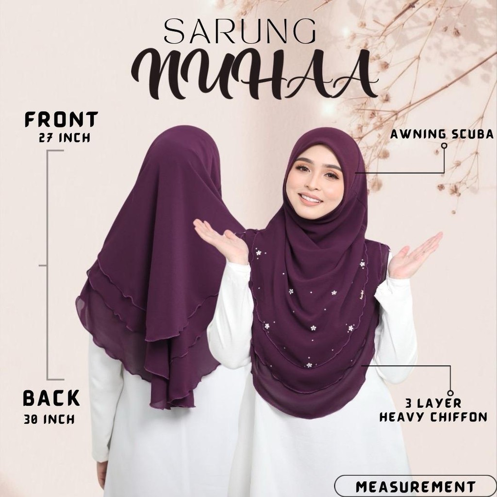 NUHA EXCLUSIVE Tudung Sarung Berdagu กันสาดชีฟอง 3 ชั้น Scuba Bau Tabur & Taya Bead