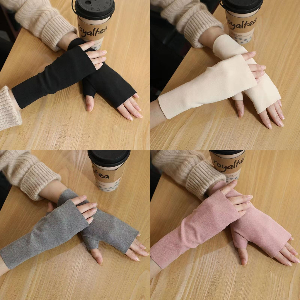 ถุงมือไร้นิ้วกํามะหยี่สําหรับผู้หญิงฤดูหนาวขนสัตว์สีทึบข้อมือบิดมืออุ่นนักเรียนสั้นครึ่งนิ้ว Strech Mitten