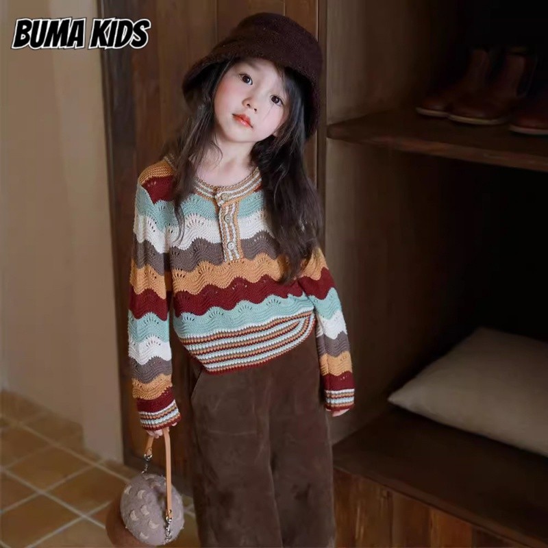 Buma KIDS เสื้อสเวตเตอร์สีรุ้งแฟชั่นสําหรับเด็กชุดสูทกางเกงลําลองทรงหลวมสําหรับเด็ก